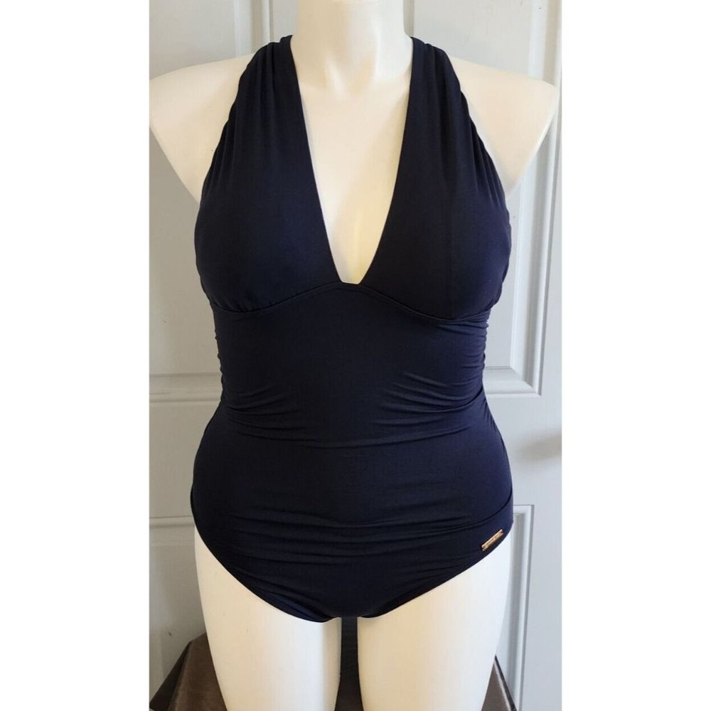 Michael Kors Women's Deep V Neck Criss-Cross Back One Piece Swimsuit Blue Sz 12